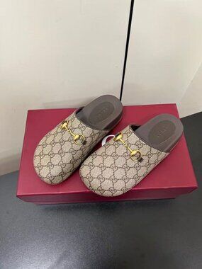 Gucci Beige and Brown Slip-On Mules with Gold Detail